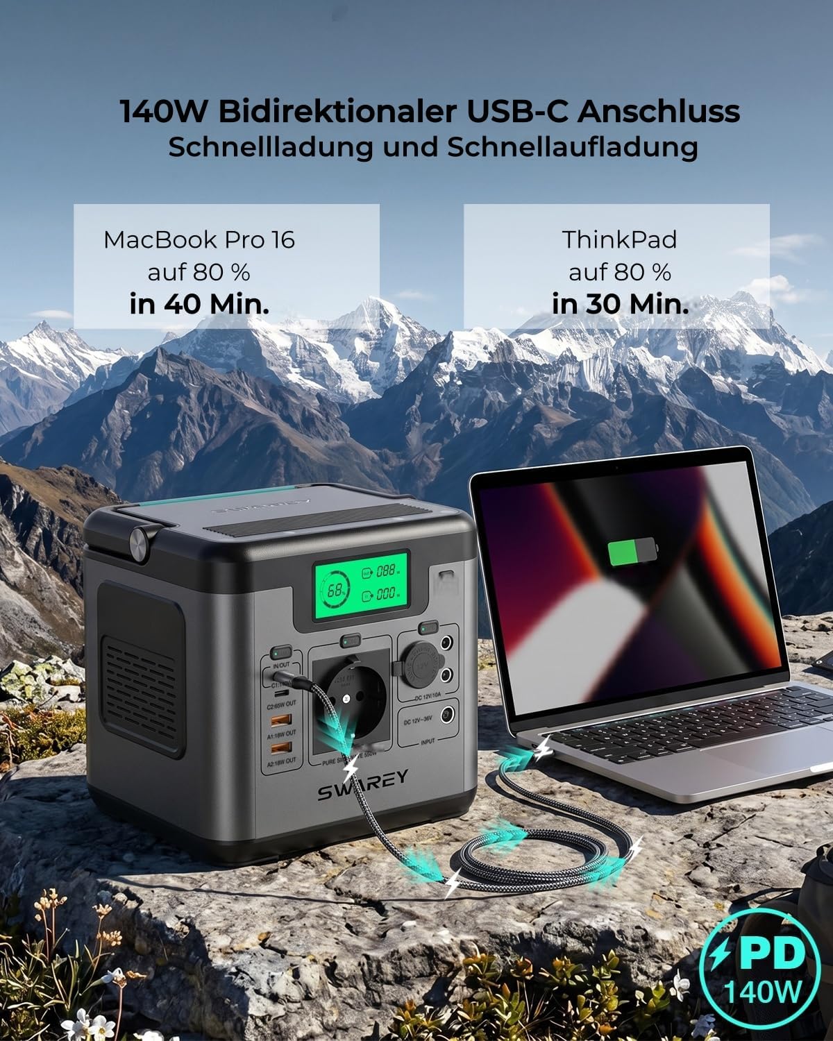 Tragbare Power Station S550 mit 100 W Solarpanel, 555 Wh Solargenerator, 550 W (1100 W Spitze) Wechselstrom, 140 W bidirektionale Schnellladung USB-C, Notstromgenerator für Outdoor-Camping-Wohnmobile | 550 W (1100 W Spitze) Wechselstrom, 140 W bidirektionale Schnellladung USB-C, Notstromgenerator für Camping-Wohnwagen-Haus im Freien – Bild 4