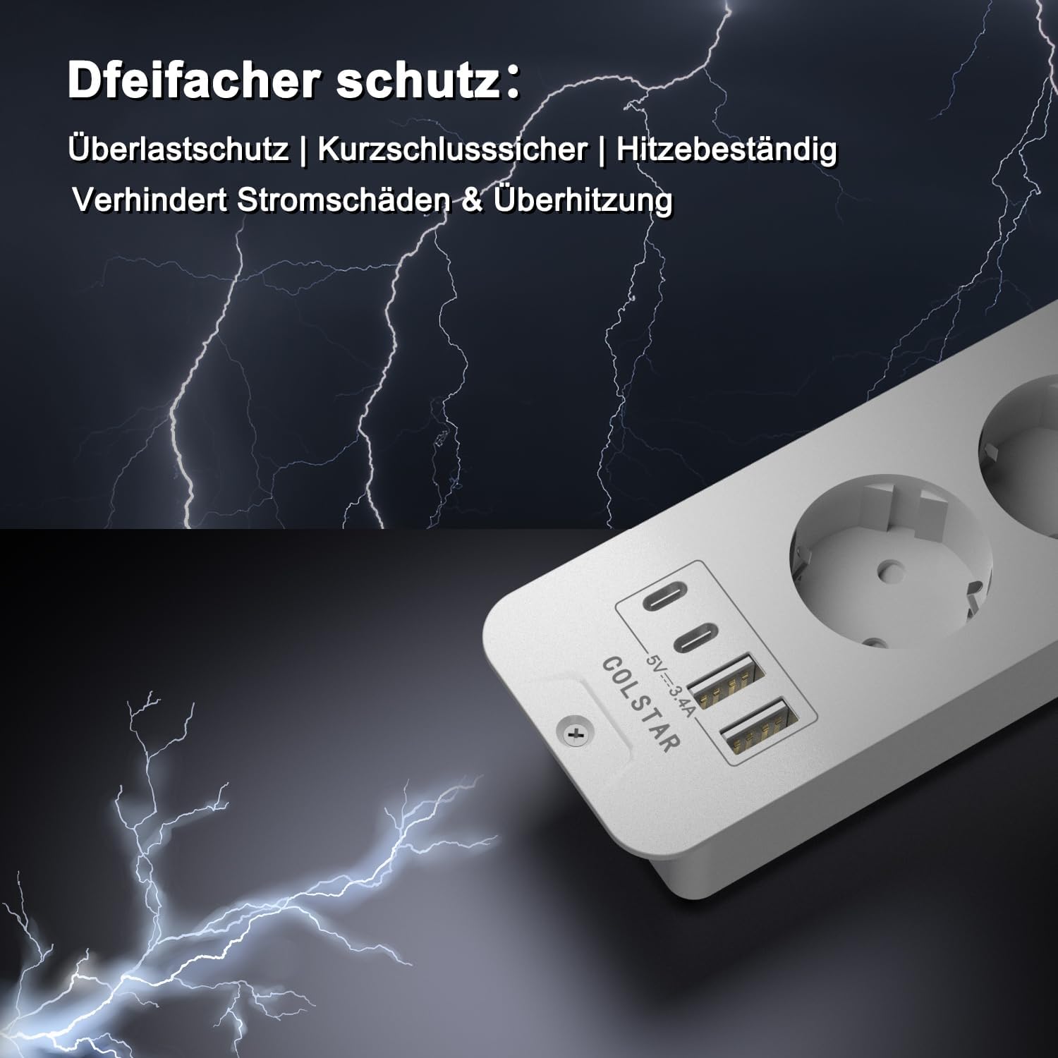 Ausziehbare Steckdosenleiste 6-fach mit 4 USB (2 USB-C, 2 USB-A), 16 A, 2 m Kabel, Energiesparschalter – unsichtbare Steckdose für einen sauberen Schreibtisch – Bild 5