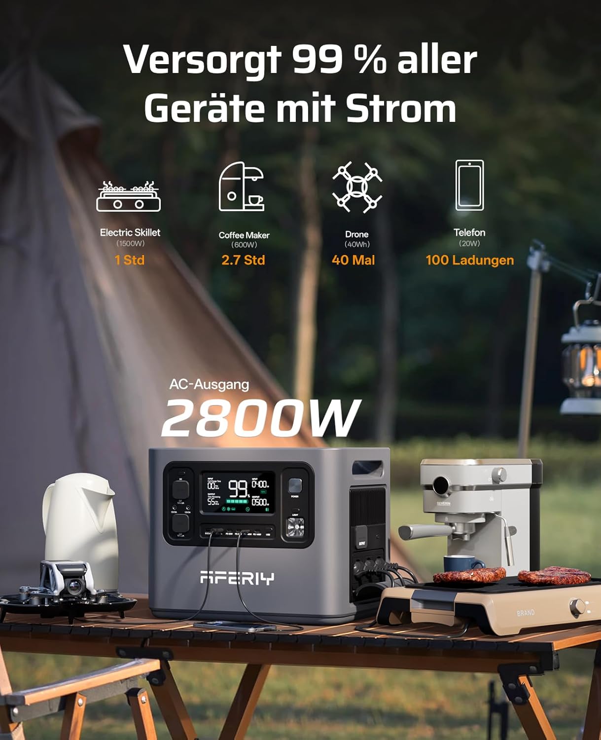 AFERIY 2800W2048Wh Tragbares Kraftwerk, erweiterbar auf 10240Wh, Camping | Solargenerator, 1,3 Stunden Schnellladung, 13 Ausgänge, – Bild 2