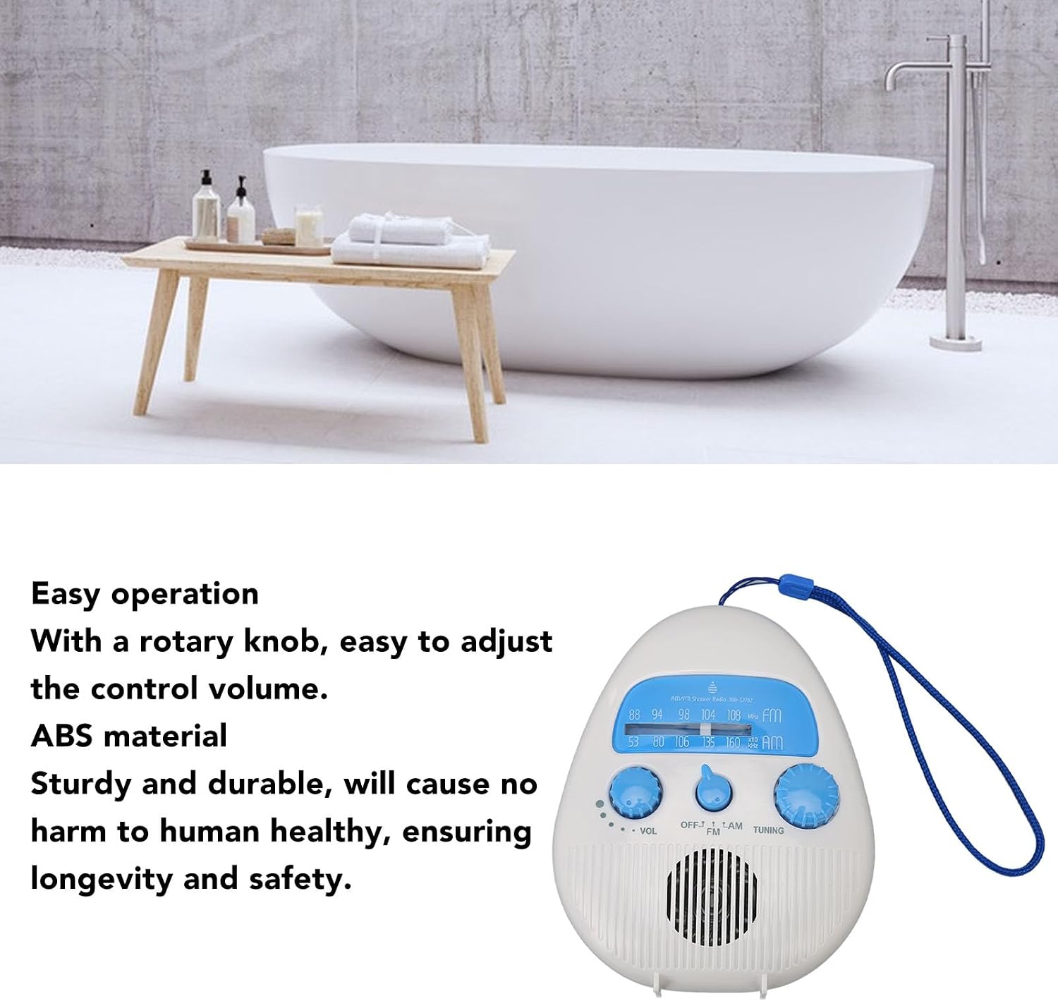 Tragbares AM-FM-Duschradio, wasserdichtes kabelloses Badezimmer-FM-Radio mit integriertem Lautsprecher, batteriebetriebenes Digitalradio mit Trageband – Bild 4