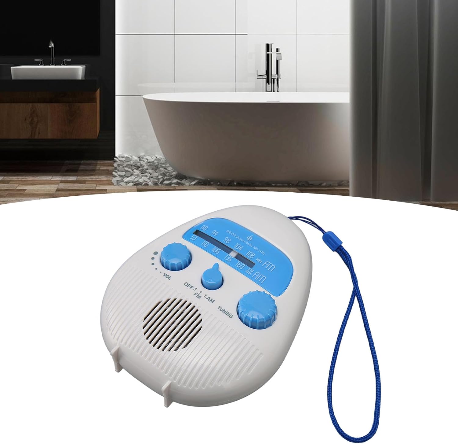 Tragbares AM-FM-Duschradio, wasserdichtes kabelloses Badezimmer-FM-Radio mit integriertem Lautsprecher, batteriebetriebenes Digitalradio mit Trageband – Bild 5