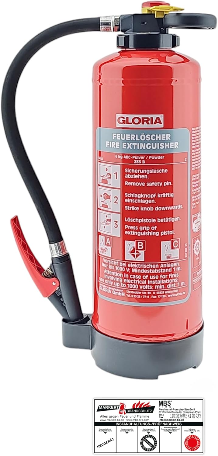 Gloria P6PRO – 6 kg Ladepulver-Feuerlöscher (ABC) mit Wandhalterung – inklusive Wartungszertifikat und aktueller Prüfplakette