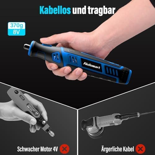 Multifunktionswerkzeug-Akku, 8 V 2,0 Ah Rotationswerkzeug mit LED-Licht, 5 Geschwindigkeiten 30.000 U/min Max, 135 Multifunktionswerkzeuge Zubehörset zum Bohren, Gravieren, Polieren, Schleifen, Rostentfernung – Bild 5