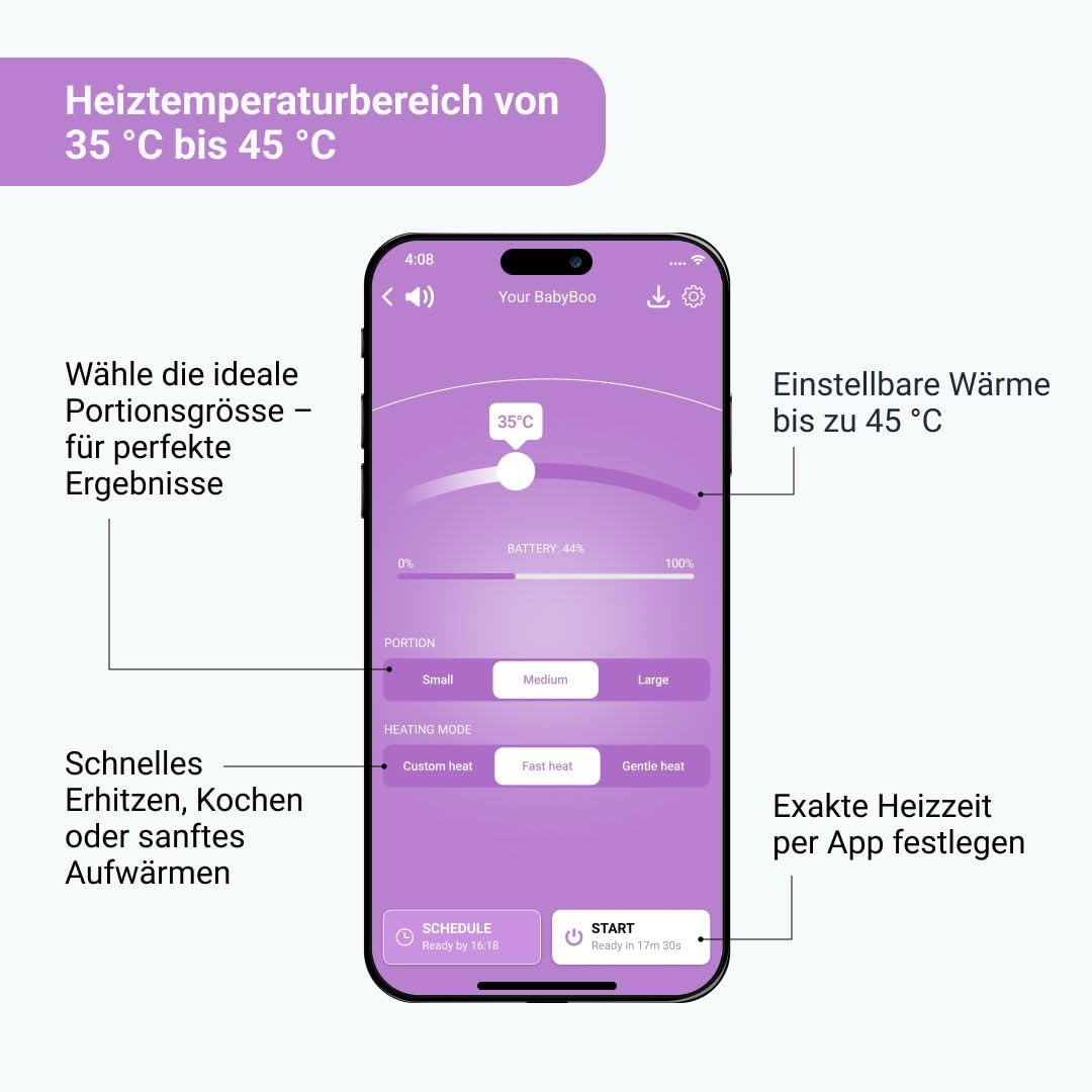 BabyBoo Tragbarer Babykostwärmer – Babykostwärmer mit Akku, App-Steuerung, 70 W LED-Ring, bis zu 45 °C, abnehmbarer Behälter, USB-C – Zuhause und auf Reisen – Bild 5