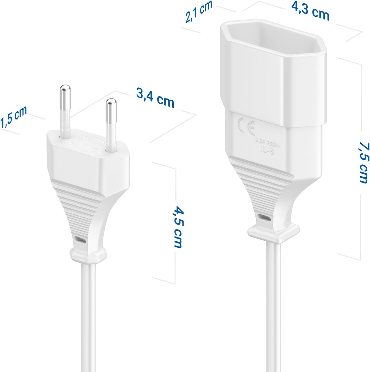 deleyCON 5m Stromkabel Verlängerung Typ C Euro Steckdose - Weiß | Netzkabel-Verlängerungskabel, Euro-Stecker Typ C auf Euro-Buchse Typ C für TV, PC, Monitor, Projektor, Lampe – Bild 6
