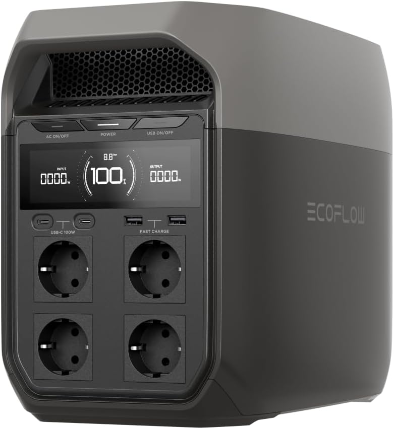 EF ECOFLOW Delta 3 Tragbares Kraftwerk, 1024 Wh Solargenerator, LiFePO4-Akku, Schnellladung von 0–70 % in 30 Minuten, erweiterbar auf 5 kWh, für Zuhause, Camping und Reisen