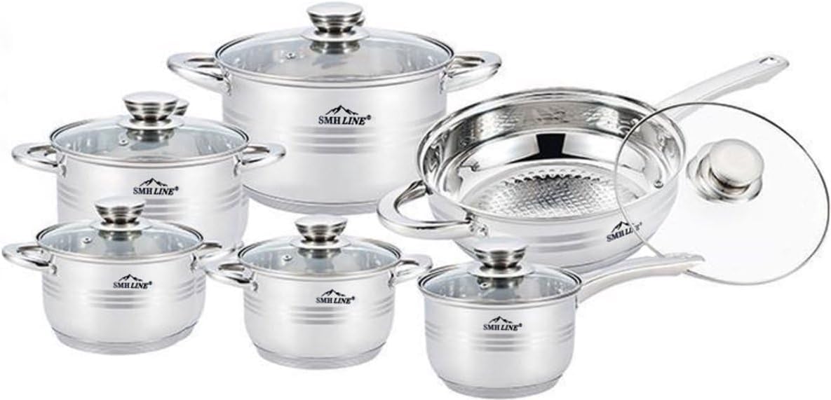 Smhline 12-teiliges Topfset, Kochtopf-Set, geeignet für Induktionsherde, Edelstahl-Kochgeschirr, Pfannenset, Glasdeckel, Küchensets, Bratpfanne – Bild 2