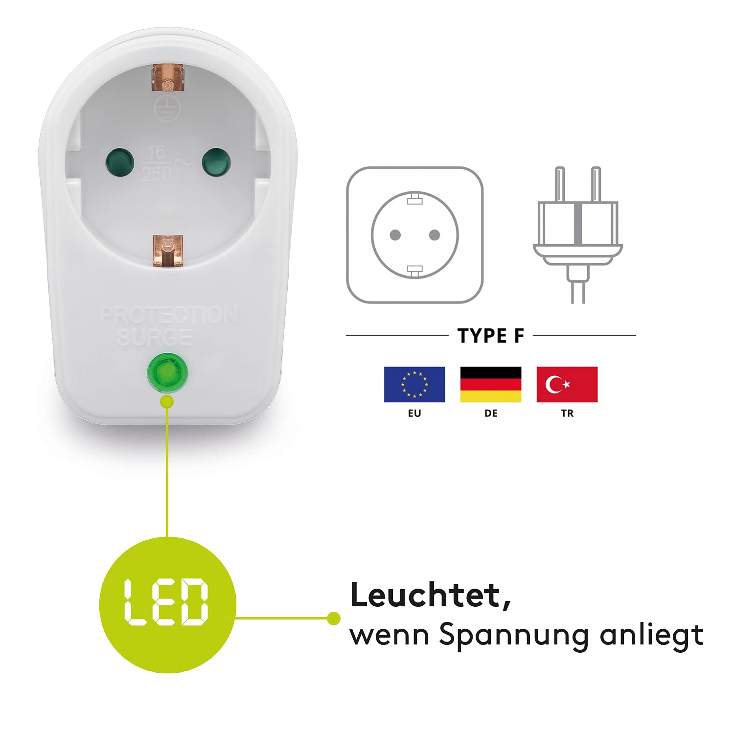 goobay Überspannungsschutz-Steckdose 16A 230V – Blitzschutz-Adapterstecker 3500W – Schutz vor Spannungsspitzen für TV, PC & Router – mit LED & Kindersicherung – Weiß 51270 – Bild 4