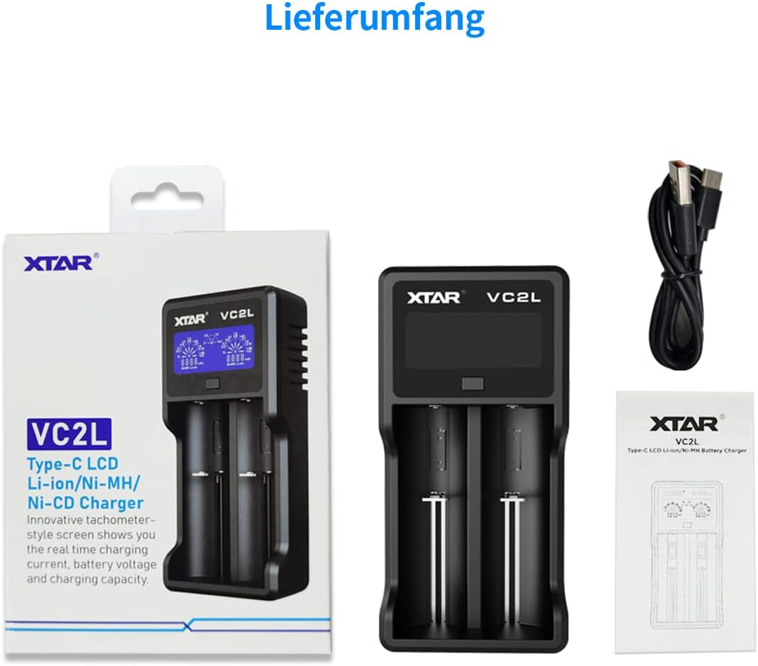 18650 Akkuladegerät XTAR VC2L, 21700 Intelligentes Ladegerät mit 2 Steckplätzen und LCD-Display, USB C Ladegerät für 3,6V 3,7V Akku und 1,2V AA AAA Akku – Bild 7
