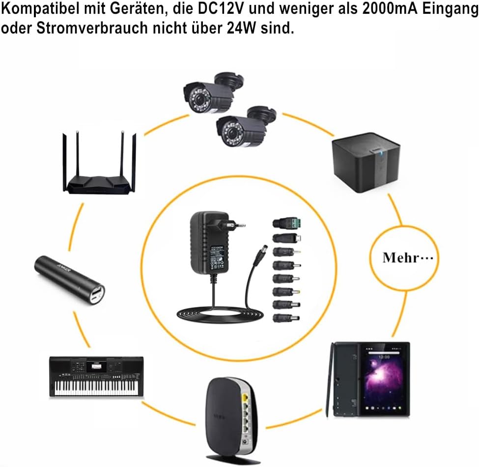 AC-Adapter 12 V 2 A Netzteil AC 220 V auf DC12 V 500 mA 1000 mA 1500 mA 2000 mA Leistungstreiber 5,5 mm mit 8 DC-Steckeradaptern Wechselrichter Ladegerät Transformator AC-DC-Adapter (DC12V~2A) – Bild 5