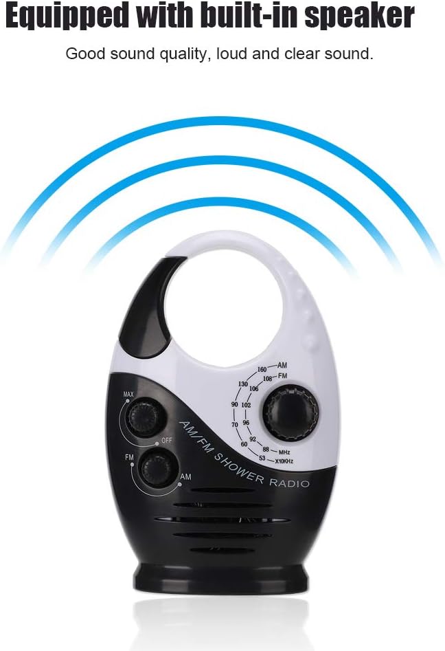 Yunseity Wasserdichtes Duschradio, tragbares AM-FM-Radio mit Hakendesign, batteriebetriebenes Radio, eingebauter Lautsprecher, für Badezimmer, Küche, Outdoor (schwarz) – Bild 5