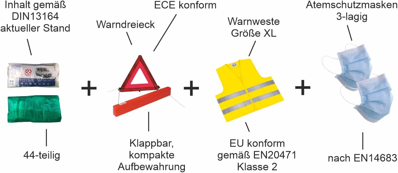 Rau Kombitasche Rot 3in1 DIN Erste-Hilfe-Tasche + Warnweste + Warndreieck | Trio - aktuelle Norm 2026 - DIN 13164 - ALLES geprüft auf StVO konform - Europaweit einsetzbar – Pannenset - Notfallset – Bild 2