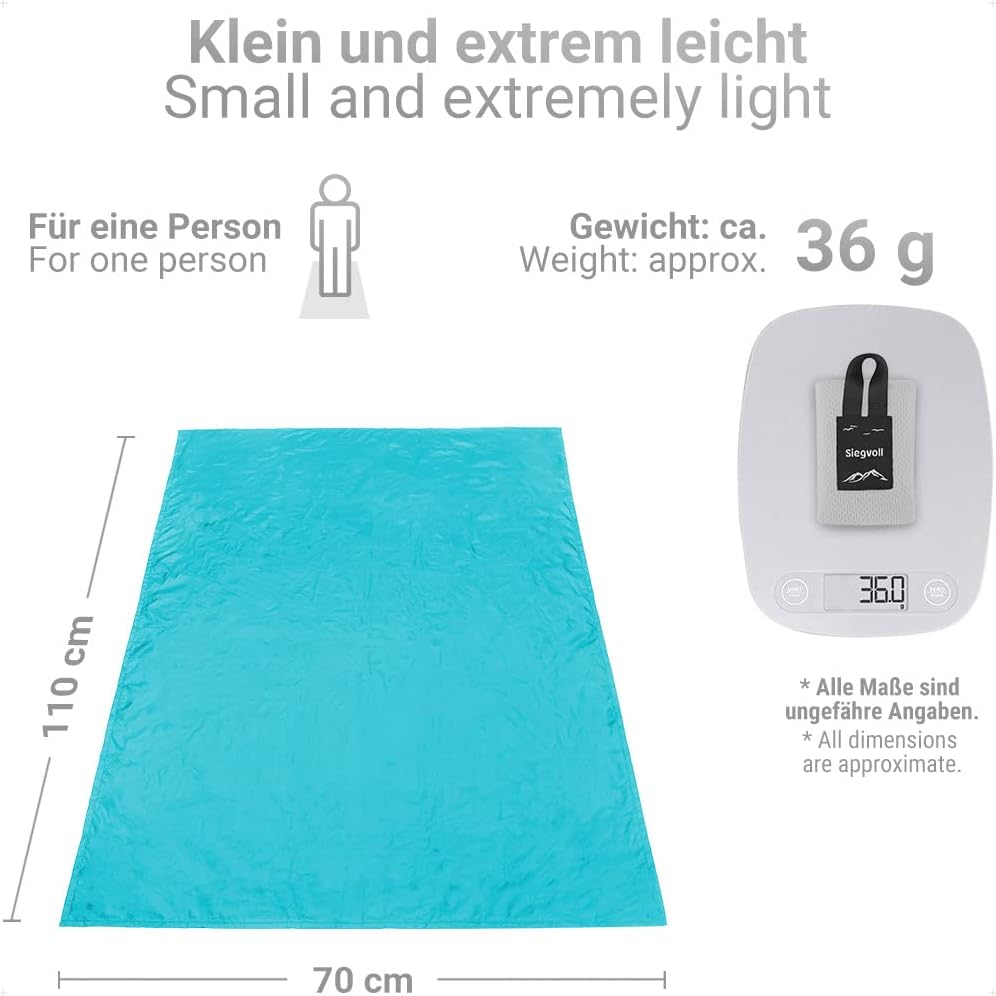Siegvoll Mini-Picknickdecke, ultraleichte, ultradünne tragbare Stranddecke, Outdoor-Decke für Strand, Picknick, Camping und Wandern, 70 x 110 cm (blau) – Bild 2