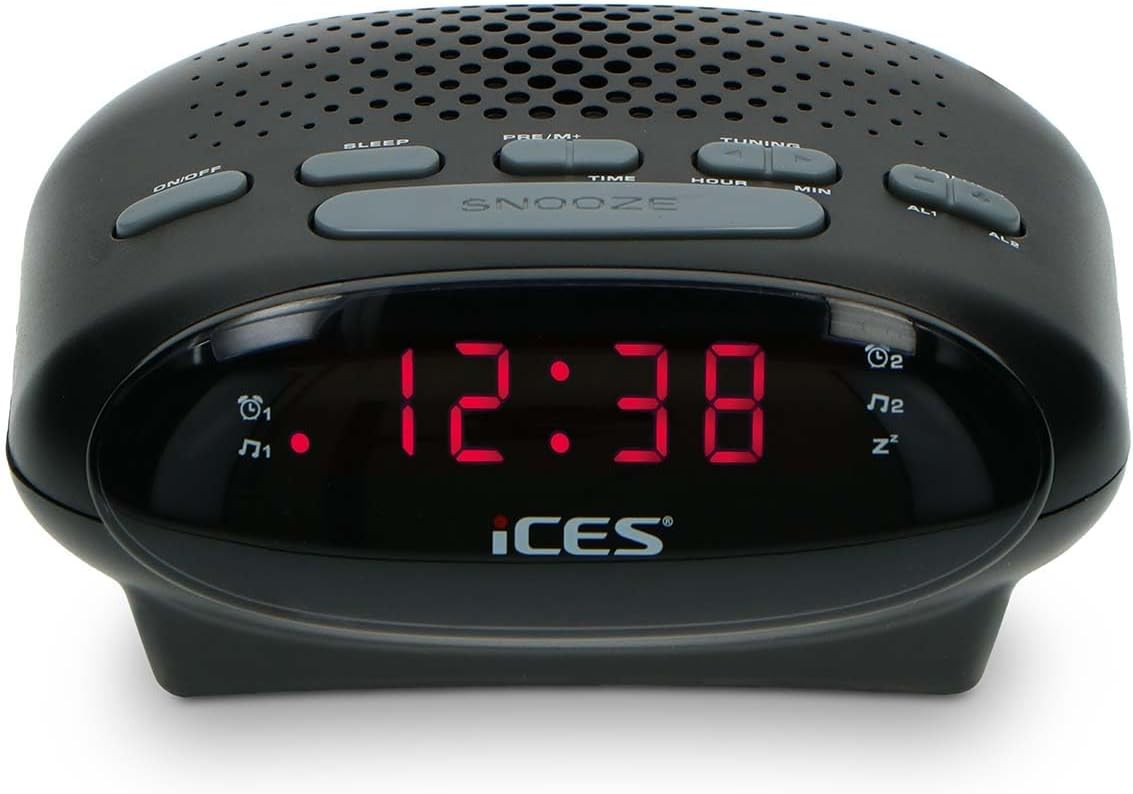 iCES ICR-210 Uhrenradio (2X Weckzeiten, Schlummerfunktion, Sleep-Timer) schwarz | ICR-210 – PLL FM – Schlummerfunktion – Sleep-Timer – Gangreserve – kompakt – Schwarz