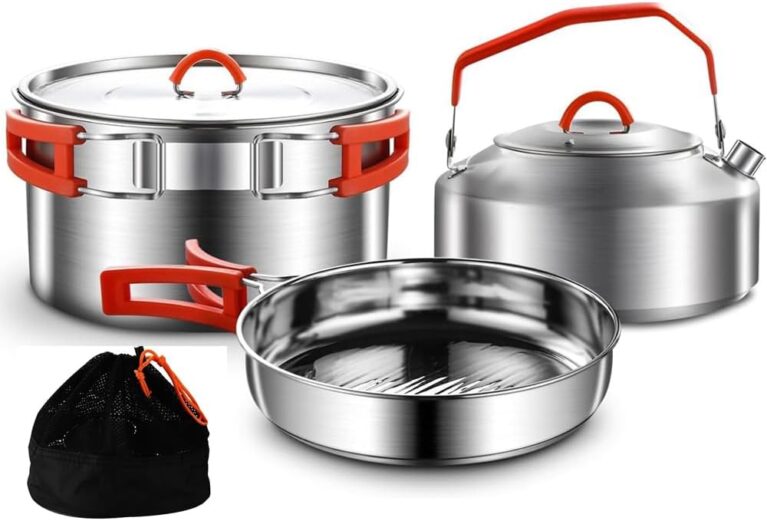 Camping-Kochset, Camping-Kochgeschirr-Set, Camping-Töpfe und Pfannen-Set aus Edelstahl 304, inklusive antihaftbeschichteter Bratpfanne, Wasserkocher in Netztasche zum Wandern, Outdoor-Kochrucksack für 1–2 Männer