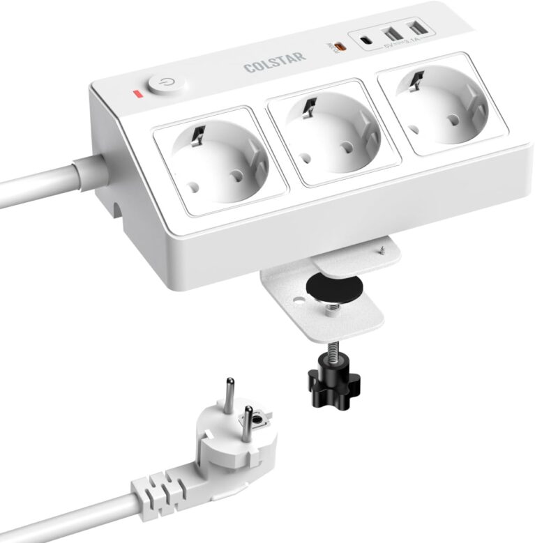 3-fach Steckdosenleiste mit USB-C PD 20 W und Tischklemme | 3 Steckdosen, 2 USB-A und USB-C PD 20W, Tischklemme bis 4,5 cm, 1,8 m Kabel, 16 A/4000 W, Überspannungsschutz