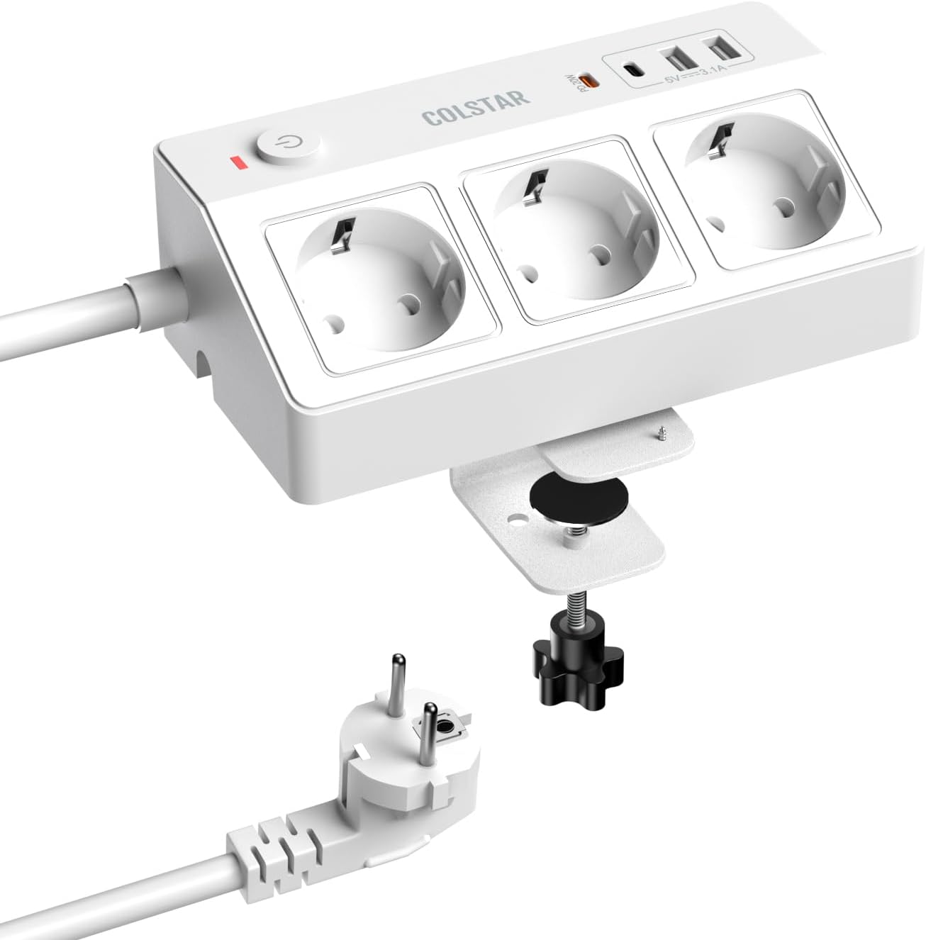 3-fach Steckdosenleiste mit USB-C PD 20 W und Tischklemme | 3 Steckdosen, 2 USB-A und USB-C PD 20W, Tischklemme bis 4,5 cm, 1,8 m Kabel, 16 A/4000 W, Überspannungsschutz