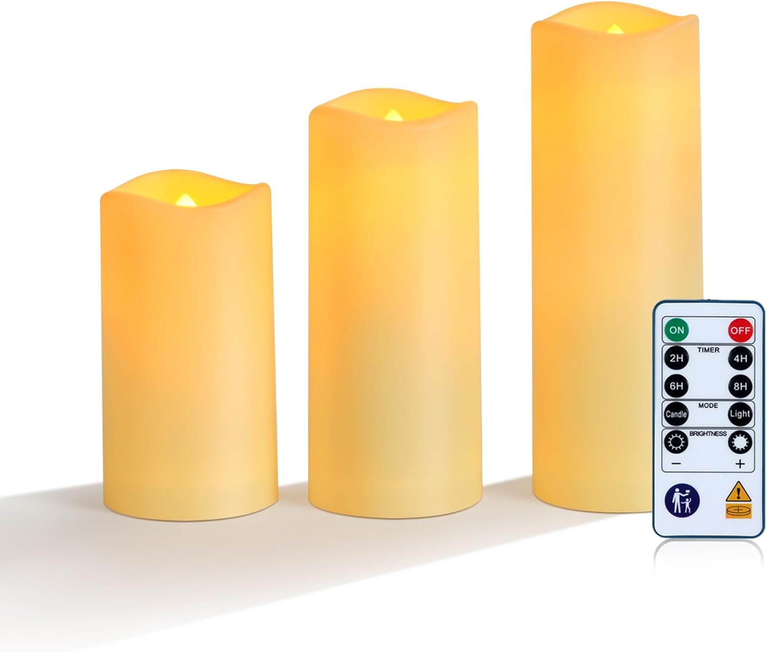 Homemory Wasserdichte Kerzen für den Außenbereich, flackernde flammenlose Kerzen, betriebene LED-Kerzen mit Fernbedienung, Timer, elektrische künstliche Kunststoffkerzen, Elfenbein, 3er-Set