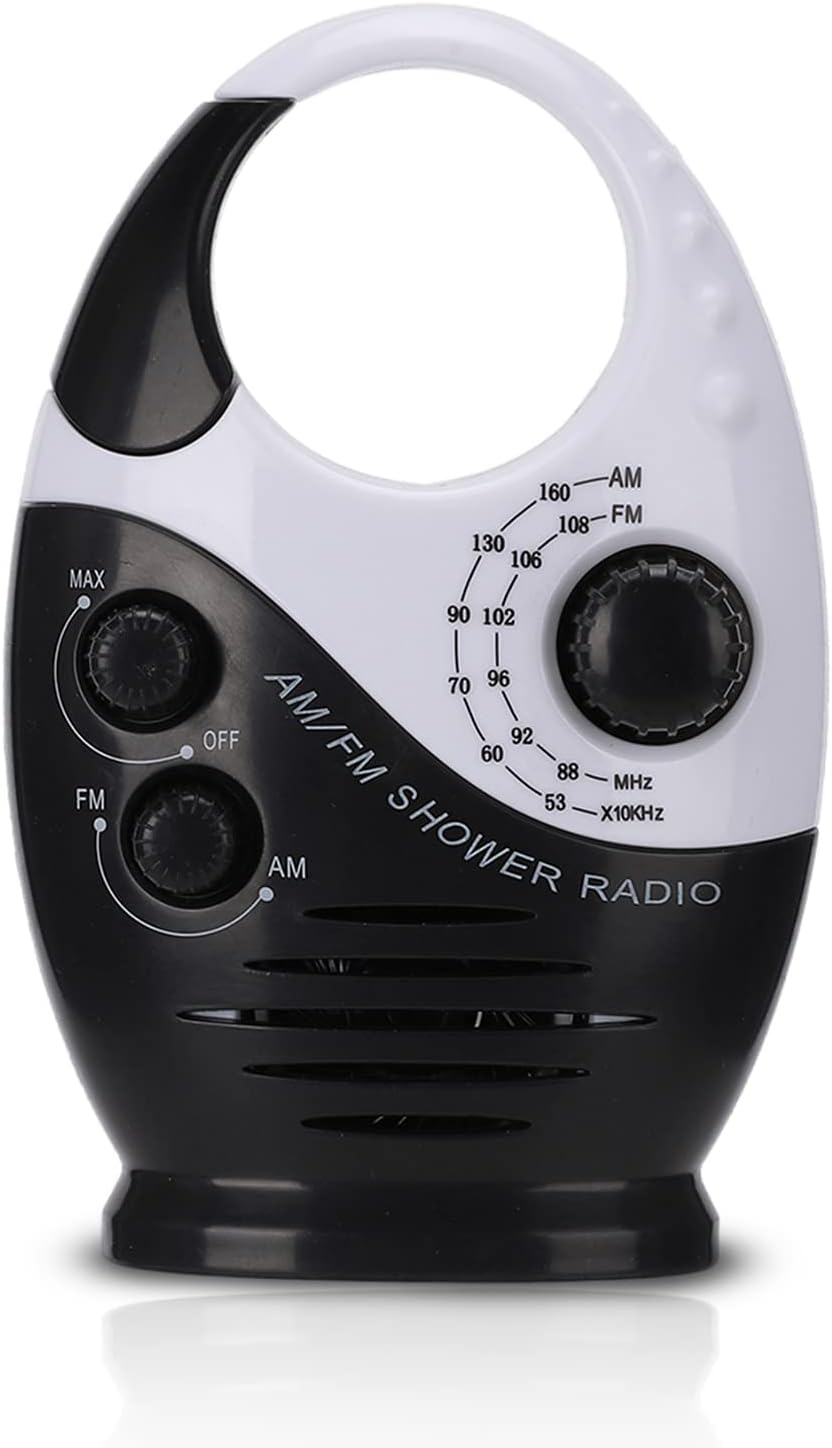 Yunseity Wasserdichtes Duschradio, tragbares AM-FM-Radio mit Hakendesign, batteriebetriebenes Radio, eingebauter Lautsprecher, für Badezimmer, Küche, Outdoor (schwarz)