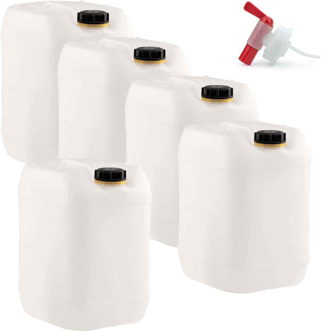 5 x 20 Liter Getränke- und Wasserkanister DIN 61 mit 1 x Ablasshahn, UN-geprüft, lebensmittelecht, BPA-frei, Gastronomie, Gewerbe, Camping, Caravan, robuste Qualität aus Deutschland (20 Liter, natur)