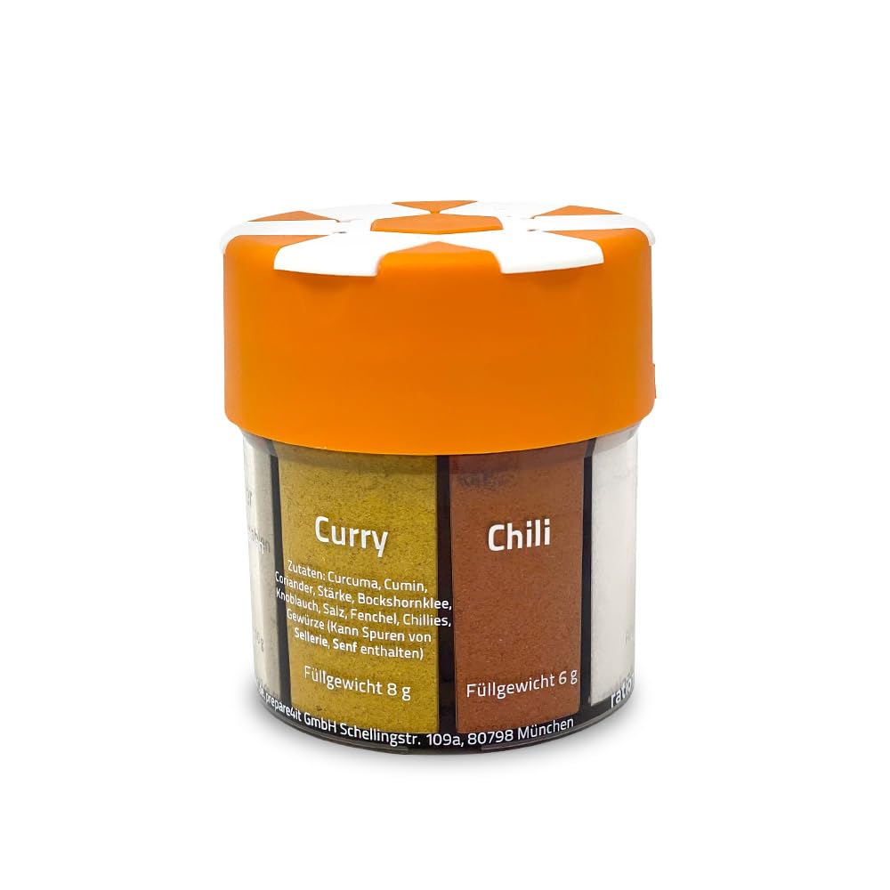 ration1 Gewürzstreuer XXL 6 in 1 Set für Camping-, Wander- und Outdoor-Ausrüstung, Gewürz-Organizer mit Salz, Pfeffer, Chili, Pfeffer, Knoblauch, Curry
