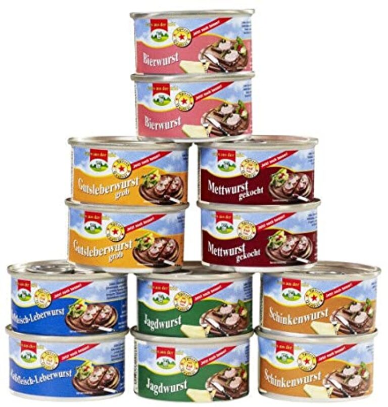 12 Dosen à 125 g Dosenwurst, 6 Sorten je 2 Dosen, gesamt 1,5 kg, Lebensmittelvorrat, Konserven, Kräuter, alkoholfrei