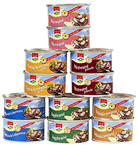 12 Dosen à 125 g Dosenwurst, 6 Sorten je 2 Dosen, gesamt 1,5 kg, Lebensmittelvorrat, Konserven, Kräuter, alkoholfrei