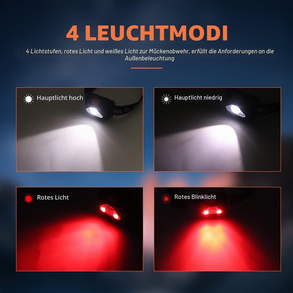 BORUIT LED-Stirnlampe, Stirnlampe, rotes Licht, AAA-Batterie, superheller 4-Modus-Scheinwerfer für Kinder, Erwachsene, Camping, Laufen, Wandern, Angeln – Bild 2