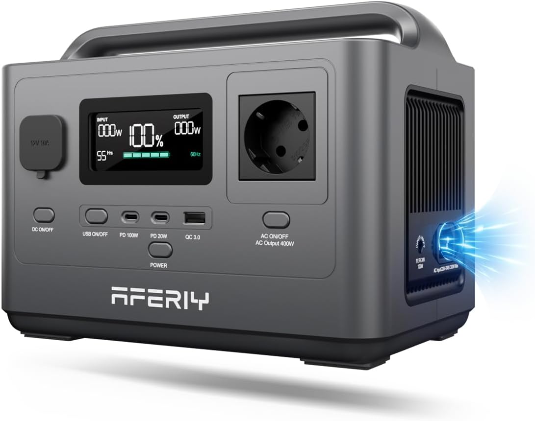 AFERIY AF-P040 400 W tragbares Kraftwerk, 256 Wh LiFePO4-Akku, 1,2 Stunden Schnellladung, zahlreiche Anschlüsse, USV, Solargenerator für Camping, Notfälle