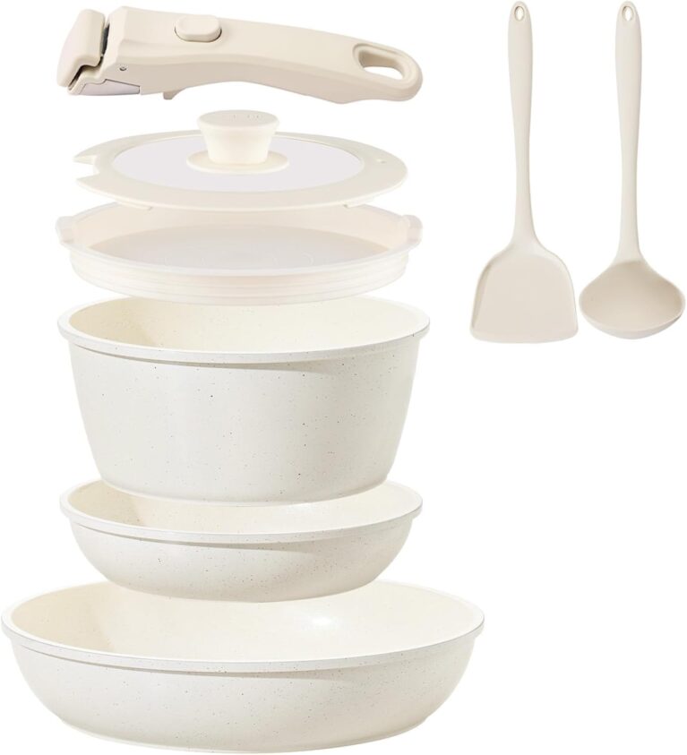 Keramik-Pfannenset mit abnehmbarem Griff, Induktion, 8-teilige Topfsets, platzsparendes Kochgeschirr, Bratpfannen, ofen- und spülmaschinenfest, PFAS/PFOA-frei, Cremeweiß