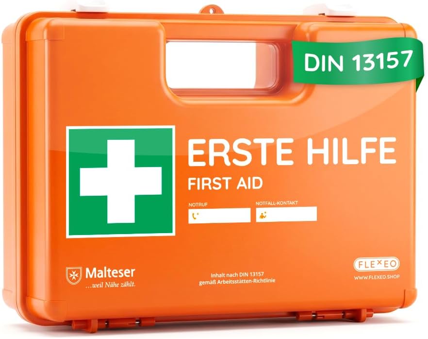 Erste-Hilfe-Koffer für Unternehmen, Inhalt nach DIN 13157, orange, gefüllter Erste-Hilfe-Kasten mit Wandhalterung
