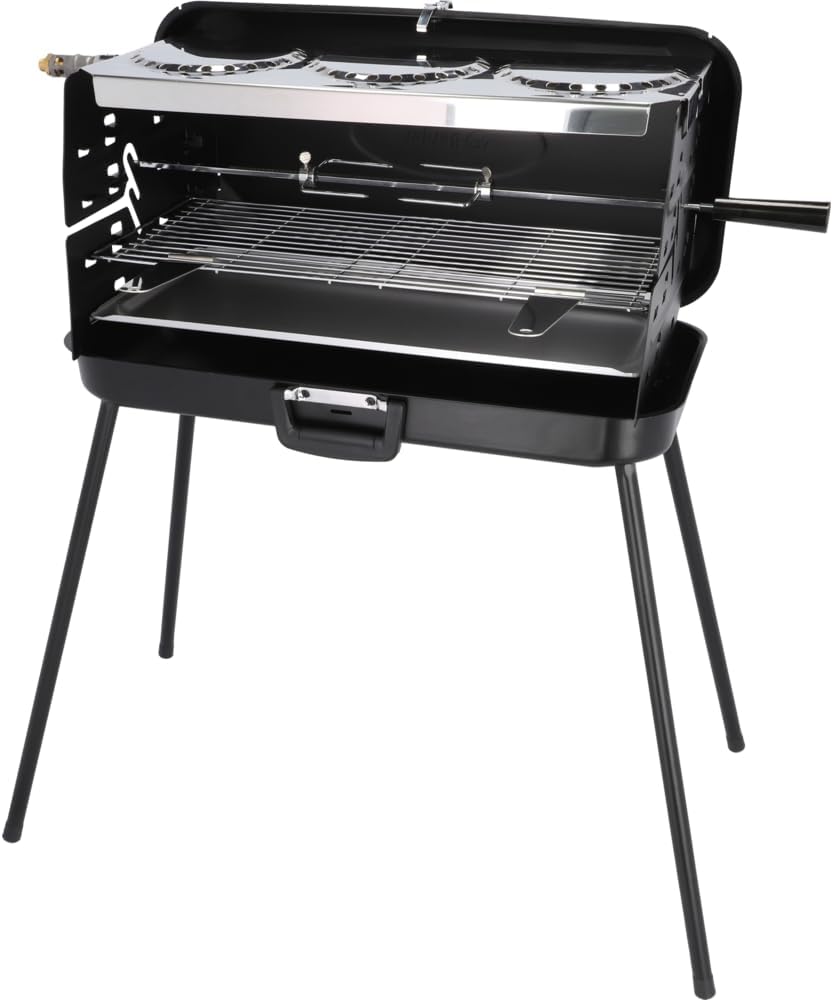 BERGER Camping-Gasgrill, faltbarer tragbarer Koffergrill mit 3 Brennern, 50 mbar für schnelles Kochen, 3 Kochfelder und ein Grillspieß inklusive, winddichter Camping- und Balkongrill – Bild 4