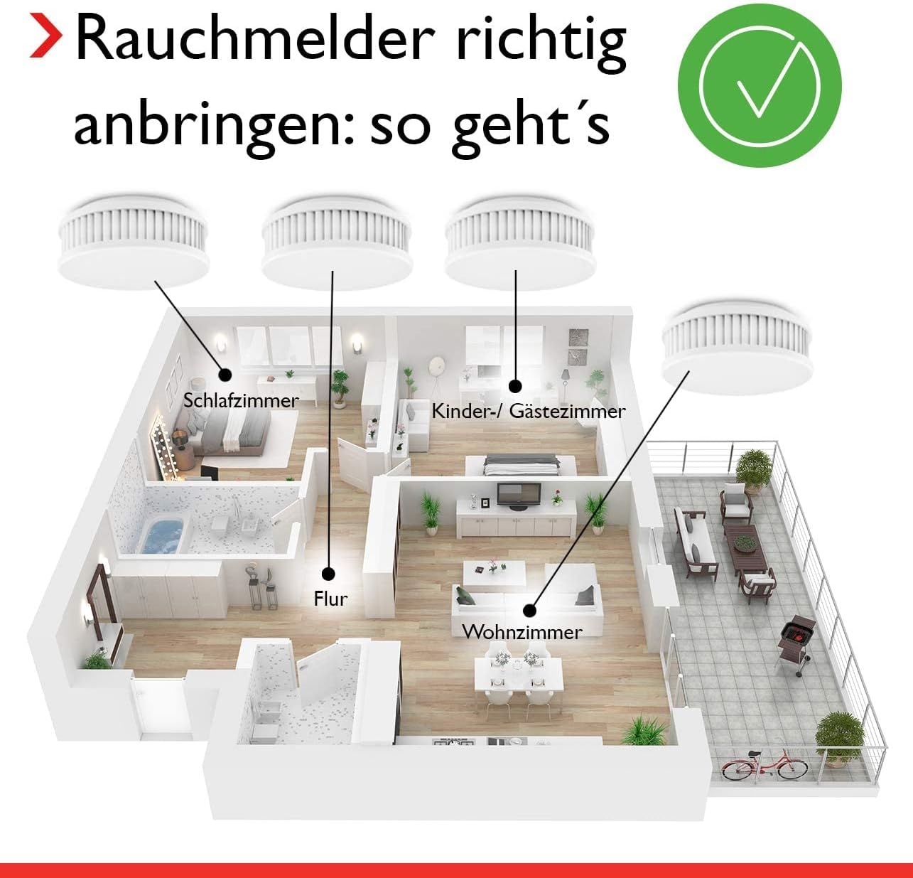 Pyrexx PX-1 Rauchmelder – 4er-Pack – 10-Jahres-Batterie mit Magnethalterung ohne Bohren und LED-Blinken, zertifiziert nach Q-Label, weiß – Bild 7