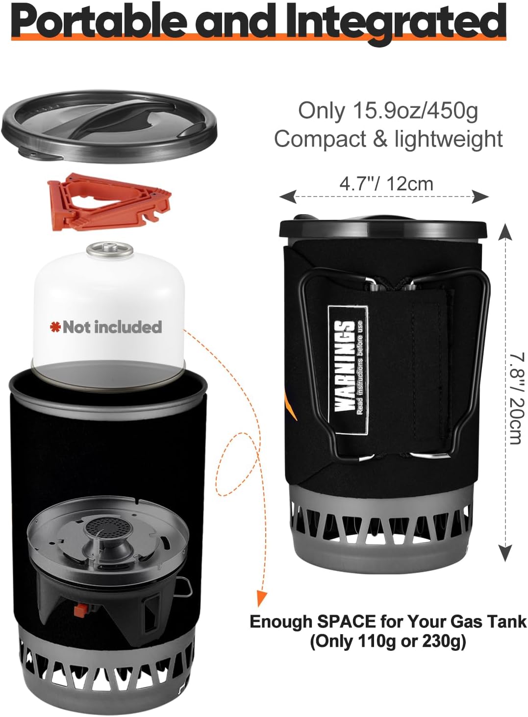 Odoland Campingkocher, 0,9 l/1,4 l, Camping-Kochsystem, tragbarer Campingtopf mit Gaskocher für Wandern, Trekking, Angeln, Jagd und Notfall – Bild 7