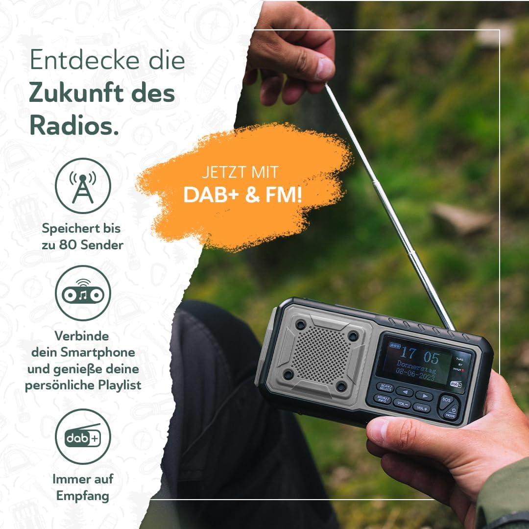 Acta Berg Kurbelradio DAB+/FM, Notfallradio, 5000 mAh Akku (Grau) | Mit USB, Batteriebetrieb möglich, Notfallausrüstung für Stromausfall, integrierte Taschenlampe, Ladegerät für Mobiltelefon, Wecker – Bild 2
