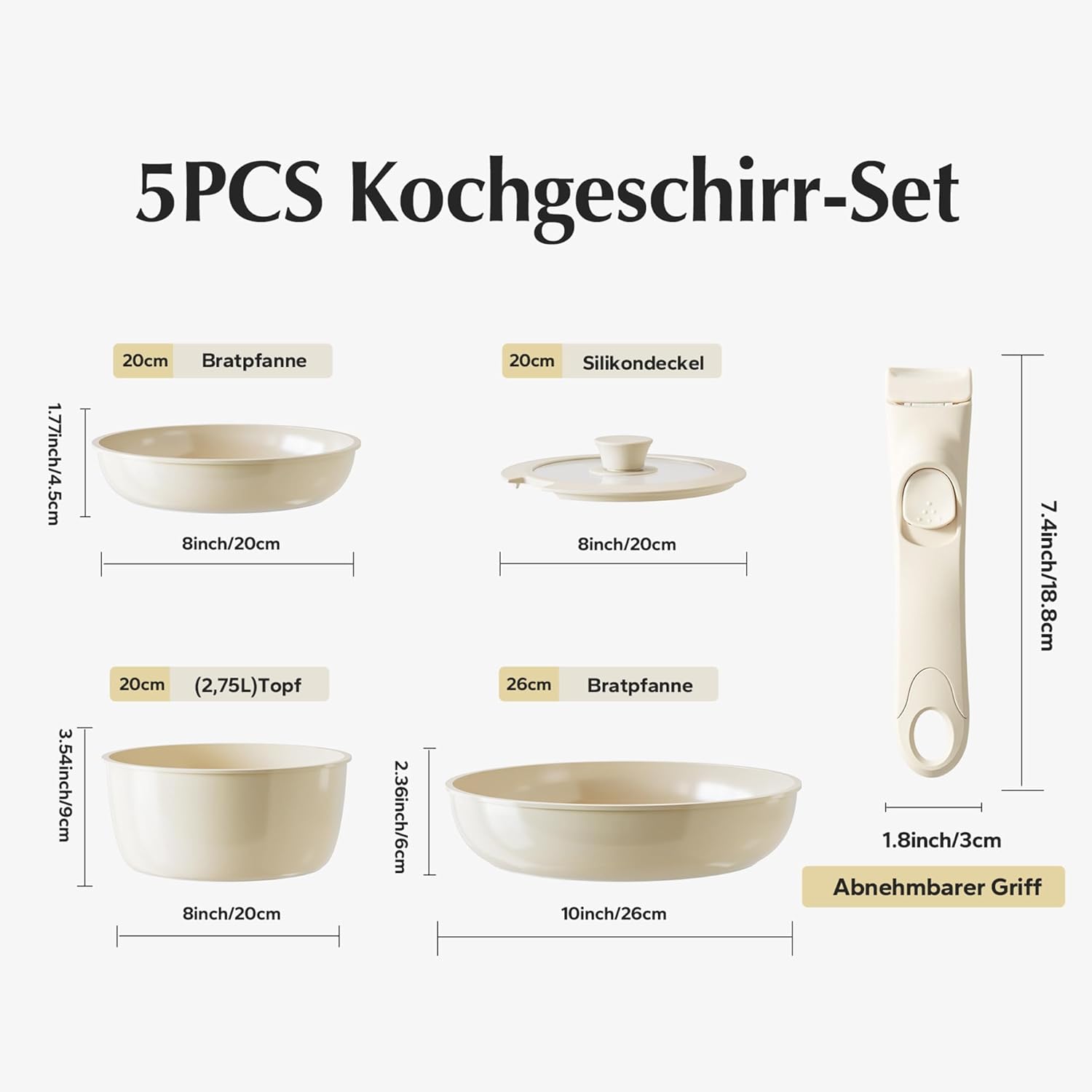 Redchef Keramik-Pfannenset mit abnehmbarem Griff, 5-teilige Töpfe mit abnehmbarem Griff, Induktion, platzsparendes Kochgeschirr (PTFE-frei, PFAS-frei, PFOA-frei), ofen- und spülmaschinenfest – Bild 7