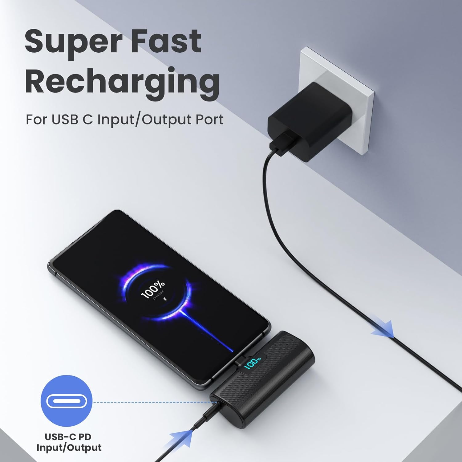 Mini-Powerbank 5200 mAh, kleine Powerbank USB C PD externer Akku, kompakter Akku mit LCD-Digitalanzeige, kompatibel mit iPhone 15/16/17-Serie, Samsung S25/24-Serie, Note, Huawei, iPad Schwarz – Bild 5