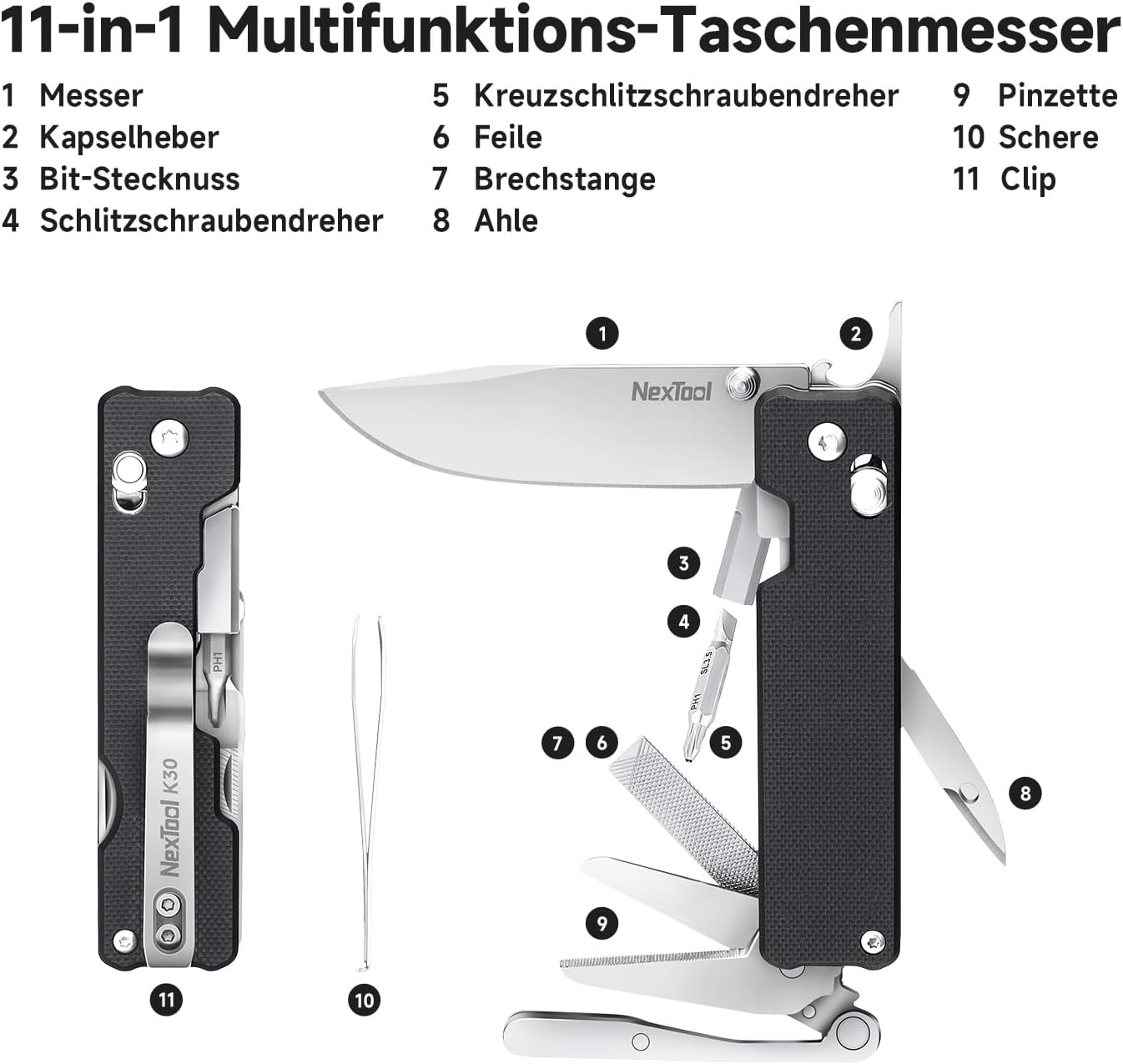 NexTool Knight K30 11-in-1-Klappmesser mit Verriegelung, EDC-Multifunktionswerkzeug mit 14C28N-Stahlklinge und G10-Griff, geriffelte Schere für den täglichen Gebrauch, Camping und Wandern – Bild 4