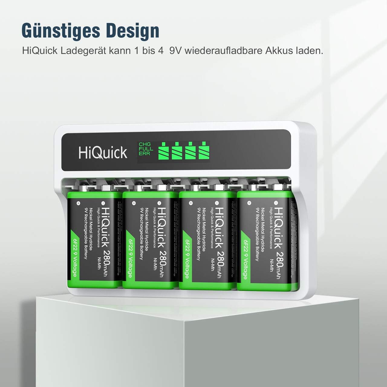 HiQuick 9V Akkuladegerät, Ladegerät für 9V Ni-Mh/Li-Ionen-Akkus, für wiederaufladbare PP3-Akkus, 4 Ladeplätze mit LCD-Display – Bild 2