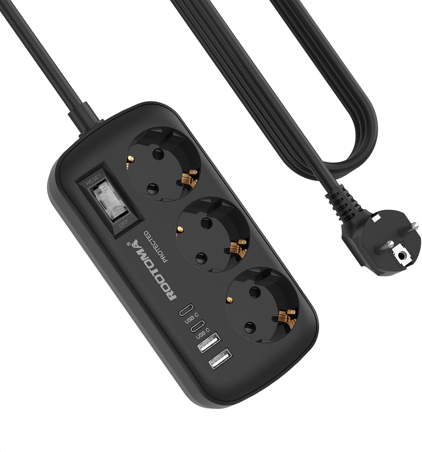 3-fach Steckdose mit Überspannungsschutz, Mehrfachsteckdose, 4 USB (2 USB-C), Steckdose mit Schalter und 1,5 m Kabel, Wandmontage für Zuhause, Büro, Schwarz