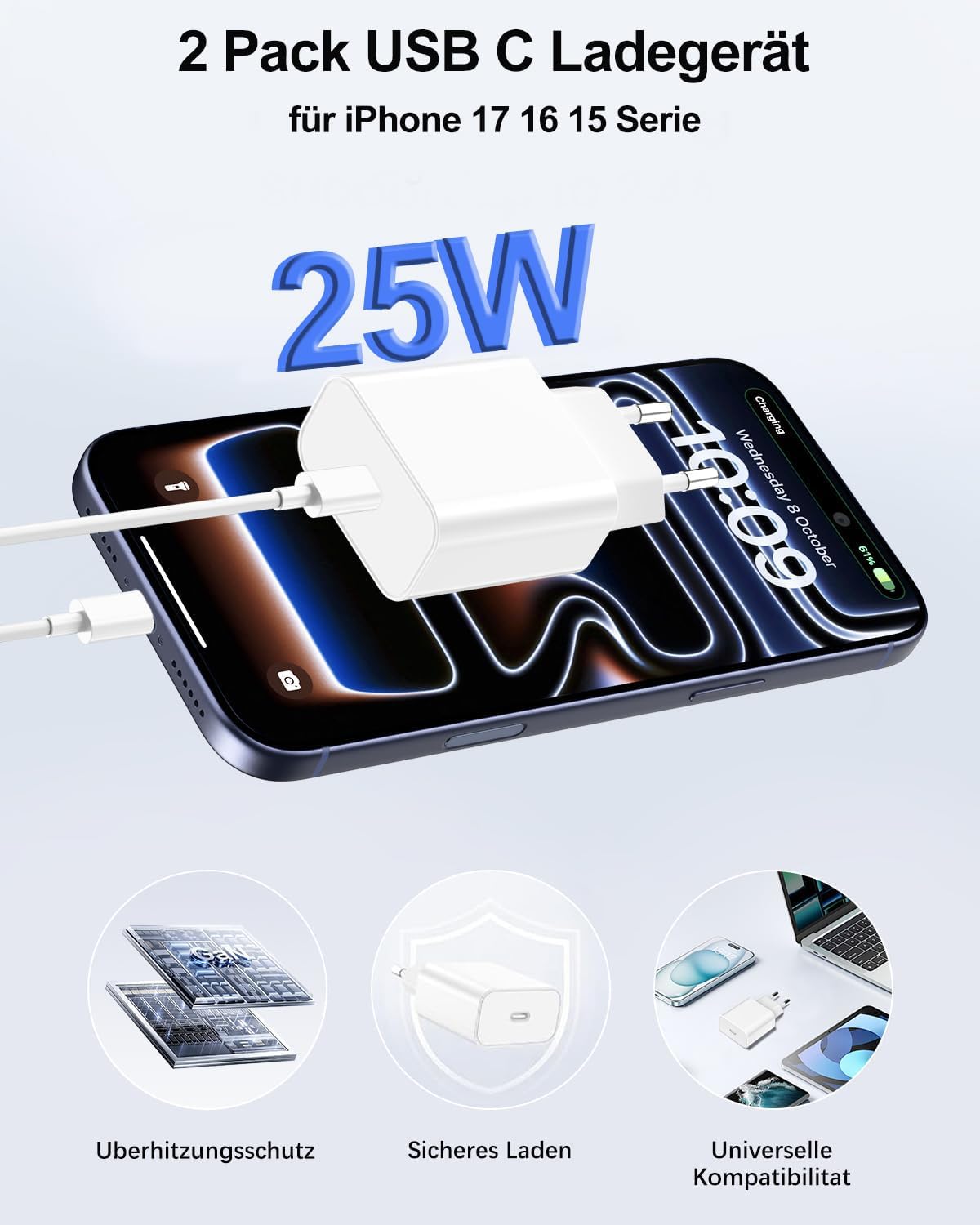 USB C Ladegerät Schnellladekabel für iPhone 17 16 15 Pro Max Plus/17 Air/17e/16e, iPad Pro/Air Mini/10.11. Generation, 2er Pack 25W USBC Schnellladegerät 2M Kabel Ladegerät Adapter Netzteil Stecker – Bild 2