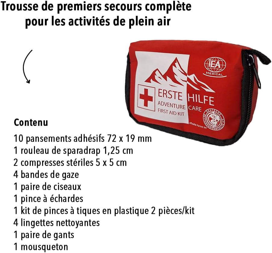 IEA Medical Outdoor Erste-Hilfe-Set – Kompaktes Reise-Apotheken-Wander-/Camping-/Fahrrad-Notfallset mit Pflaster, Kompressen, Schere, Pinzette, Zeckenpinzette & Karabiner | Kompakte, leichte Reiseapotheke mit Pflaster, Kompressen, Schere, Pinzette, Zeckenzange & Karabiner – ideal für unterwegs – Bild 8