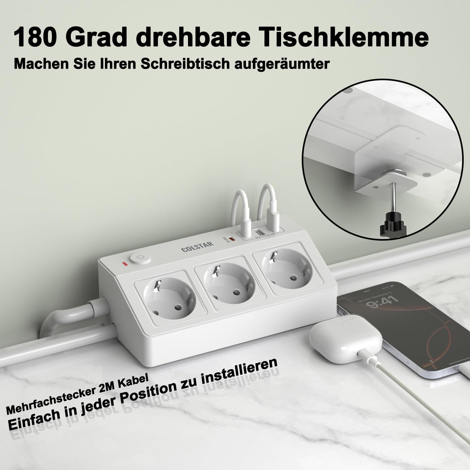 3-fach Steckdosenleiste mit USB-C PD 20 W und Tischklemme | 3 Steckdosen, 2 USB-A und USB-C PD 20W, Tischklemme bis 4,5 cm, 1,8 m Kabel, 16 A/4000 W, Überspannungsschutz – Bild 8