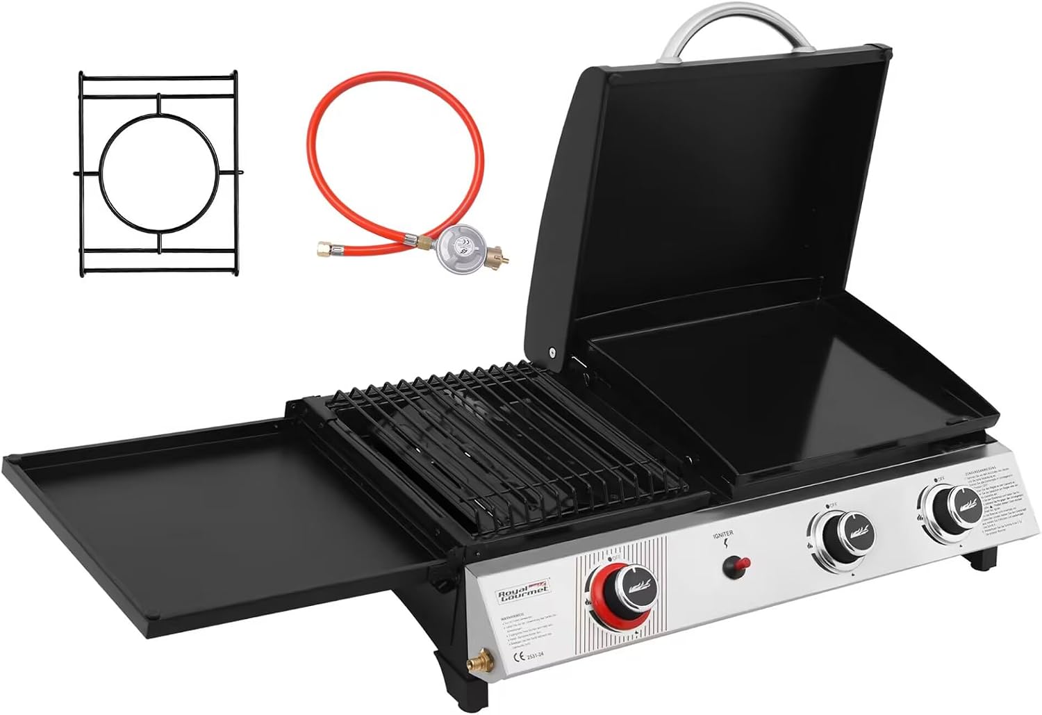 Royal Gourmet 8,5 kW Gasgrill, 3-in-1-Tischgrill mit Grillen, Braten, Kochen, 3 Brenner, tragbarer Picknickgrill, Campinggrill mit klappbarer Seitenablage, schwarz