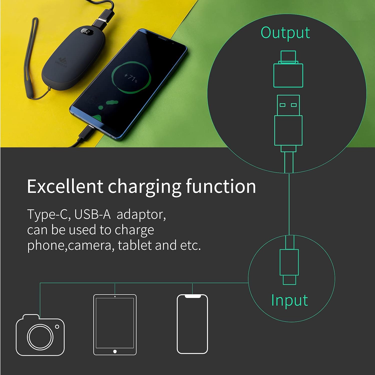 Unigear Wiederaufladbarer Handwärmer, 5200 mAh, wiederverwendbarer elektrischer Handwärmer, Powerbank, tragbar, USB, mit kostenlosen Heizeinstellungen von 35–55 °C und digitalem Bildschirm, Wärme für Raynauds Outdoor-Wandern | Wiederverwendbarer Taschenwärmer mit USB, freie Heizstufen 35-55 °C, tragbar für Outdoor-Wandern, Wärme bei kalten Händen – Bild 6