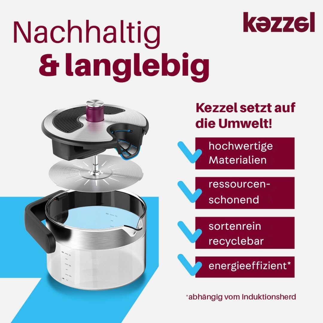 Kezzel® Innovativer Wasserkocher für Induktionsherde 1,5 Liter | Automatische Abschaltfunktion, kein Überkochen | Minimalistisches Design, Edelstahl und Glas, leicht zu reinigen, spülmaschinenfest – Bild 6