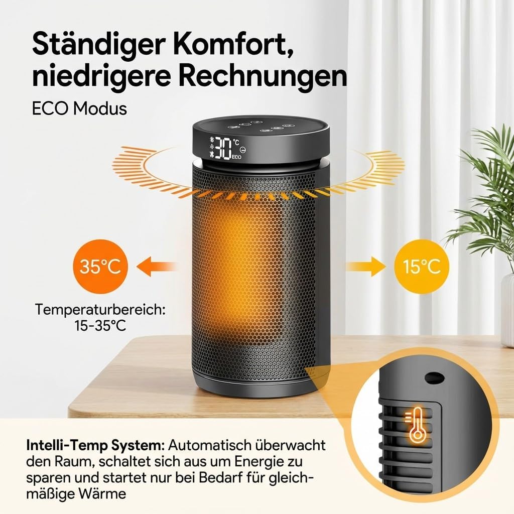 Heizlüfter 1500 W, energieeffiziente elektrische Heizung für Zuhause, kleiner tragbarer elektrischer Heizkörper mit Thermostat, 12-Stunden-Timer, Kipp- und Überhitzungsschutz für Schlafzimmer, Büro und Innenbereich | kleiner tragbarer Elektroheizkörper mit Thermostat, Kipp- und Überhitzungsschutz für Schlafzimmer, Büro und Innenräume – Bild 7