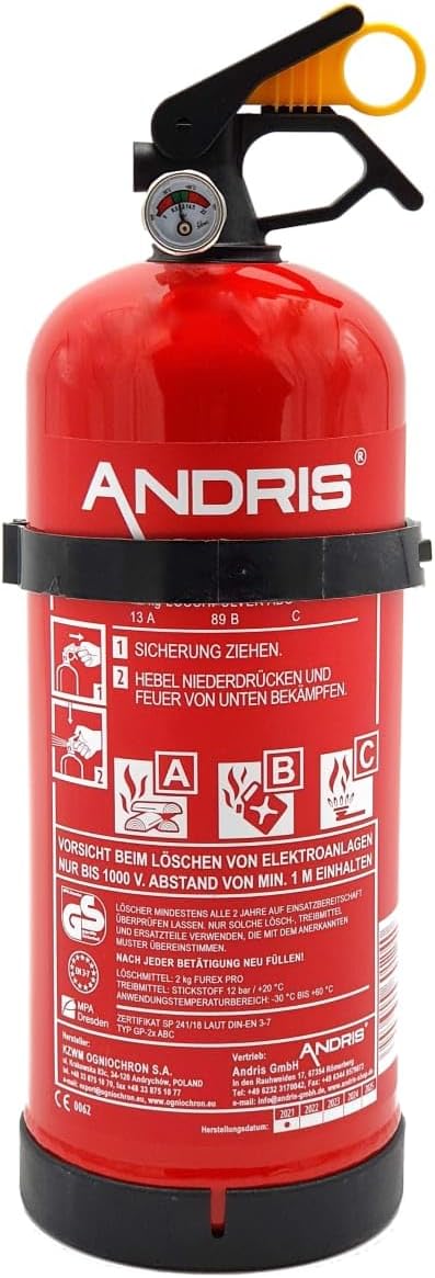 2 kg ABC-Pulver-Feuerlöscher, Original Andris, ideal für Auto/Auto/Boot, DIN EN 3, CE, inklusive Auto/Auto/Boot-Halterung und Prüfzertifikat, Fassungsvermögen: 2 kg, Löschmittel: ABC-Pulver