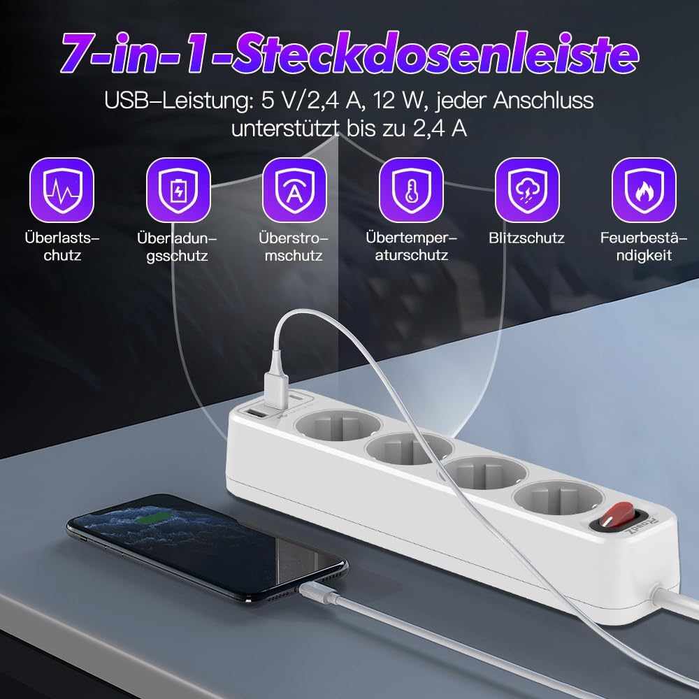 RoadZ Steckdosenleiste mit USB-Steckplatz, 6-fach-Steckdose mit 2 USB-A- und 1 USB-C-Anschluss, 1,8 Kabel langes Verlängerungskabel mit Schalter, Überspannungsschutz-Steckdosenleiste, DE-Mehrfachstecker – Bild 6