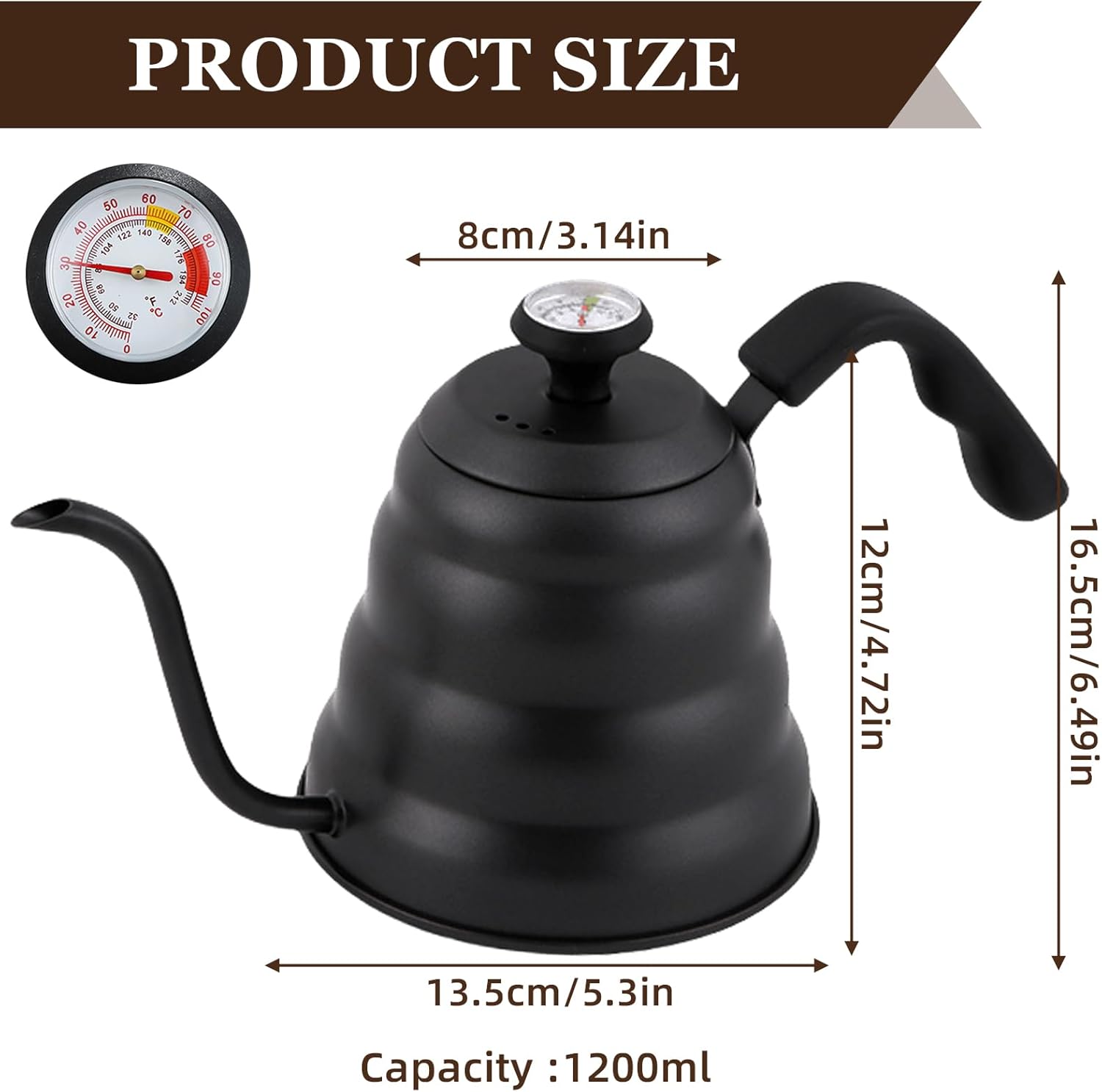 Schwanenhals-Wasserkocher mit Thermometer, 1200 ml/40 oz Edelstahl-Wasserkocher, Kaffeekanne, Schwanenhals-Wasserkocher für Gas- und Induktionsherde, leicht zu reinigen, Schwarz – Bild 2